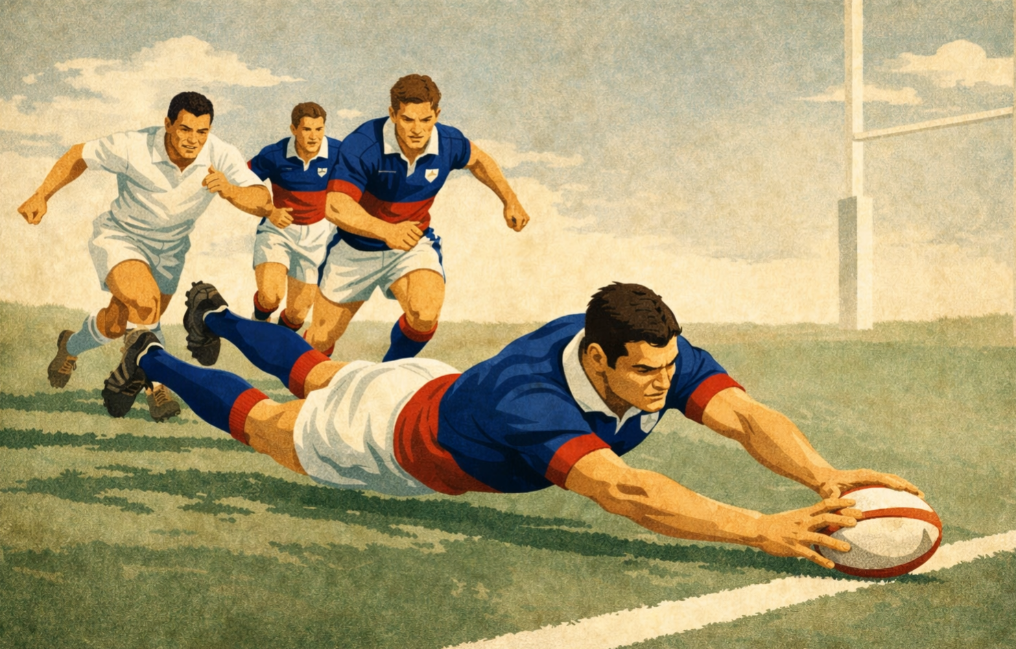 Vintage rugby player diving
